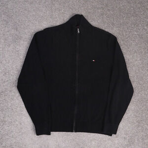 Tommy Hilfiger Logo Flag Full Zip Medium Black Long Sleeve Knit Collared Sweater